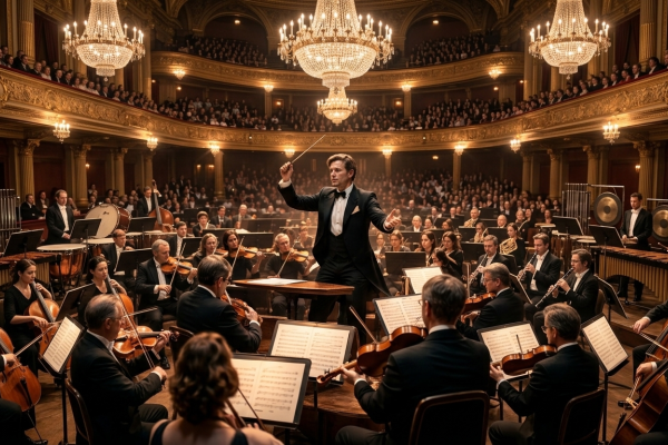 A conductor leads an orchestra performing on stage in a grand concert hall, with musicians and audience seated under ornate chandeliers.