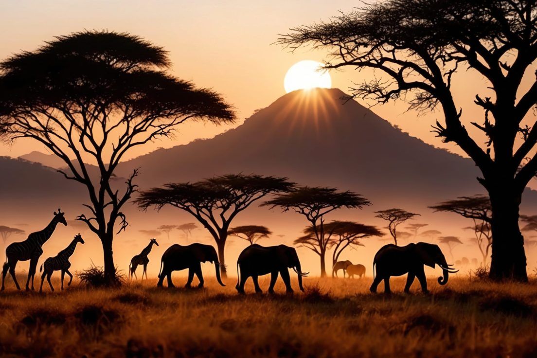 Silhouettes of elephants and giraffes walk across a savannah with acacia trees at sunset, with a prominent mountain in the background.
