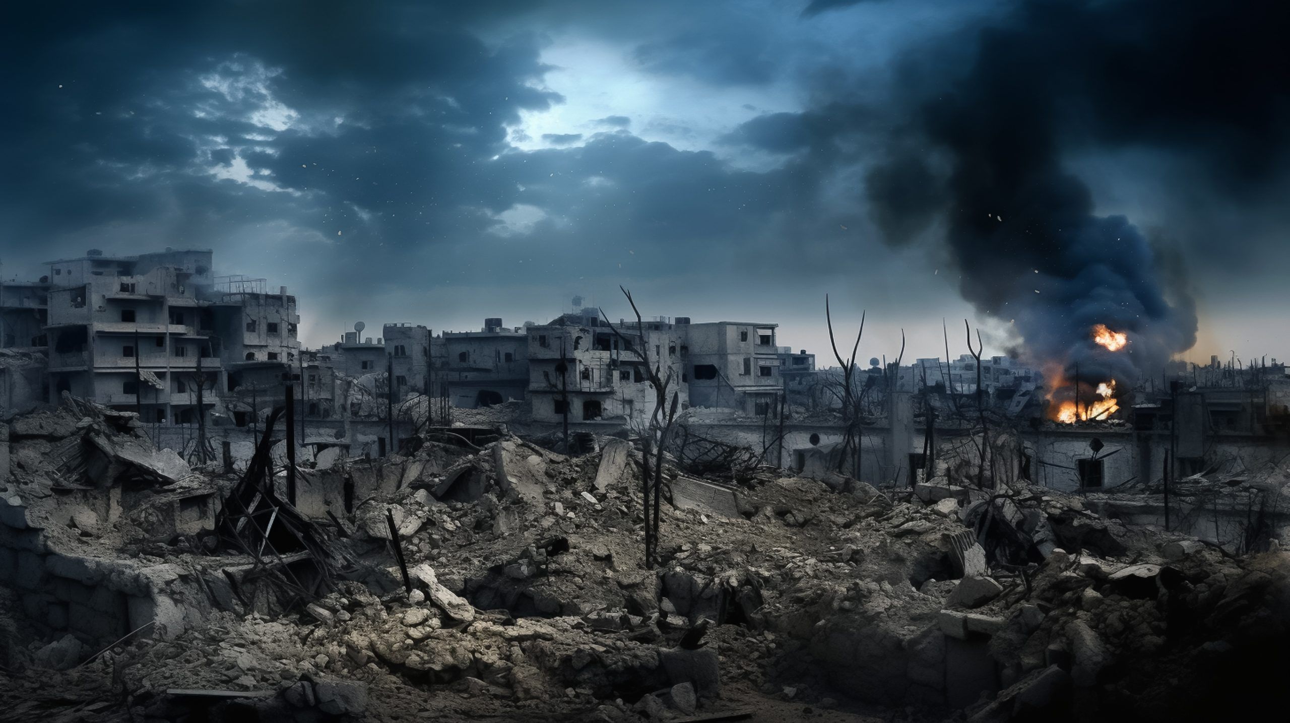 A devastated cityscape with extensively damaged buildings and rubble. Smoke rises from a fire in the distance under a cloudy sky.