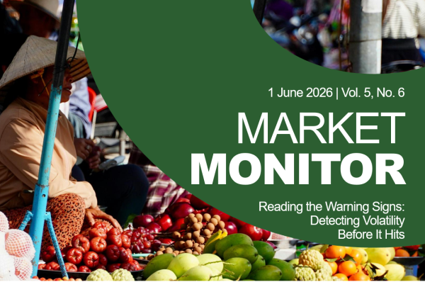 A market stall with a person sitting among colorful fruits and vegetables; overlaid text reads "Market Monitor, 1 June 2026, Reading the Warning Signs: Detecting Volatility Before It Hits.