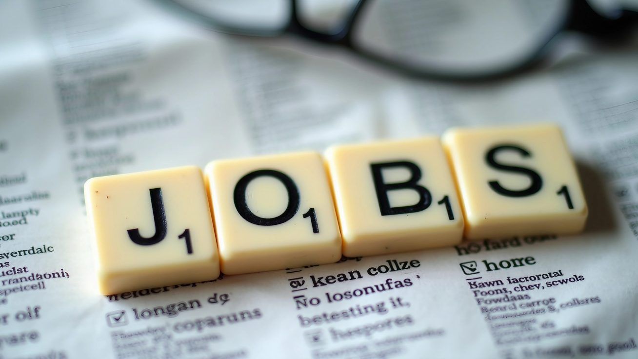 Scrabble tiles spelling "JOBS" sit on a newspaper's job listings section, with a pair of glasses partially visible on the top edge.