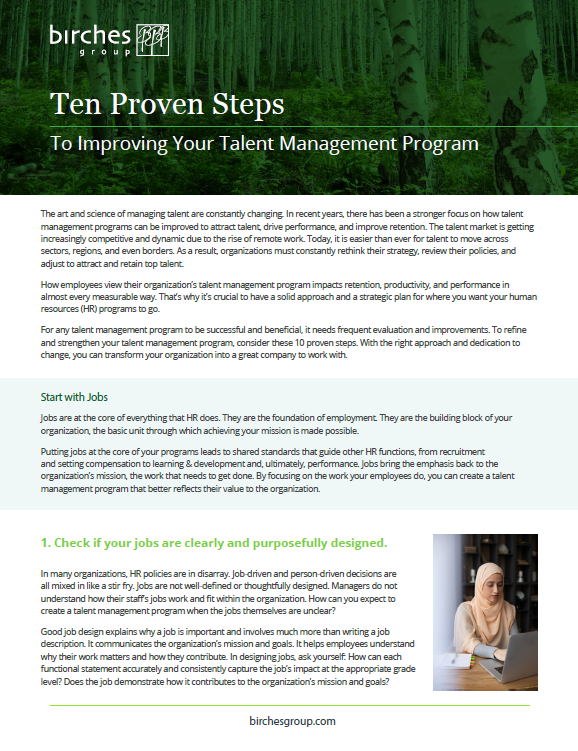 A brochure titled "Ten Proven Steps To Improving Your Talent Management Program" by Birches Group, detailing strategies for enhancing talent management, with illustrative images and bullet points.
