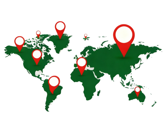 A world map with large red location pins placed on North America, South America, Europe, Africa, Asia, and Australia.