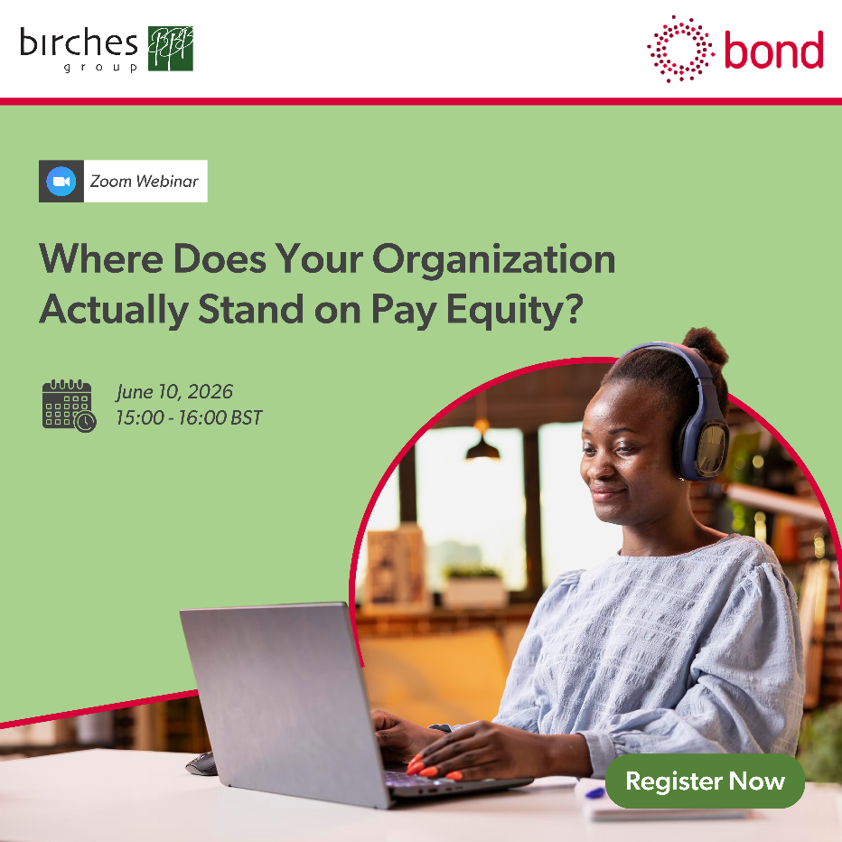 A woman with headphones uses a laptop. Text reads: "Where Does Your Organization Actually Stand on Pay Equity? Zoom webinar, June 10, 2026, 15:00-16:00 BST. Register Now.