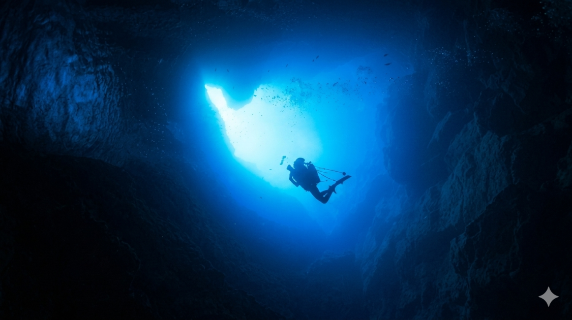 A scuba diver swims upward toward the surface in an underwater cave, illuminated by blue light streaming through an opening above.