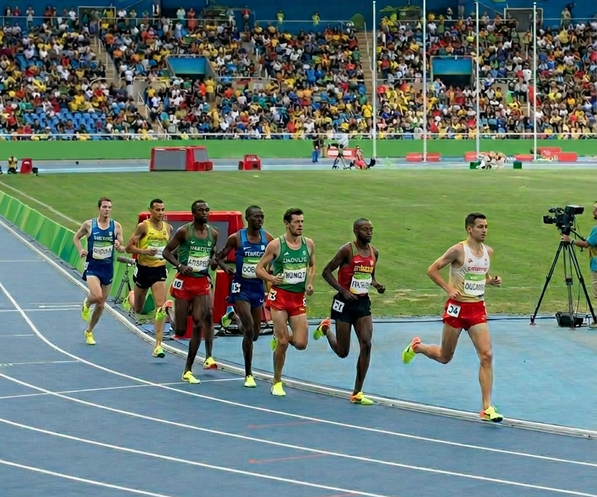 Athletes compete in a track running event at a stadium, with one runner leading the pack and spectators visible in the stands.