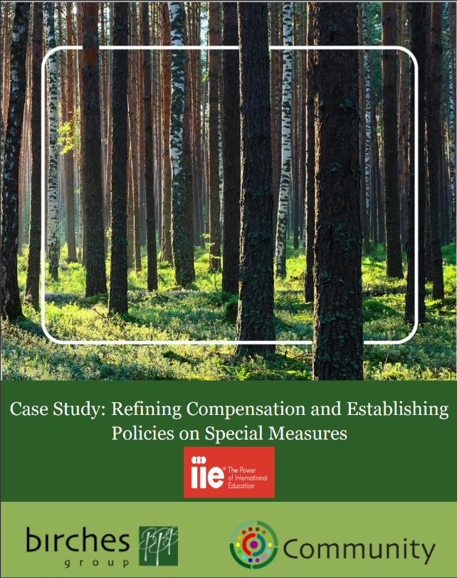 An image showing a forest with sunlight filtering through the trees. Below the photo are logos of Birches Group, IIE, and Community with the text: "Case Study: Refining Compensation and Establishing Policies on Special Measures.