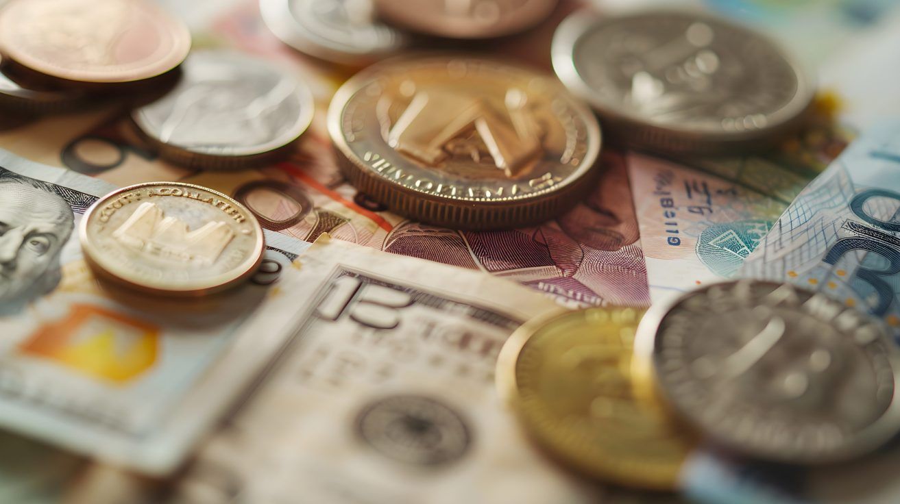 A close-up of various international coins and banknotes scattered in a disorganized manner.