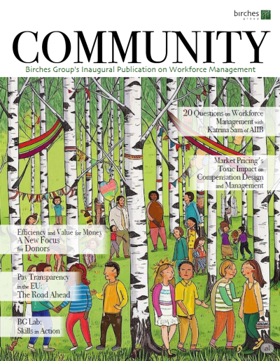 Illustrated cover of "Community" magazine shows people gathered in a birch forest, with article titles on workforce management displayed over the scene.