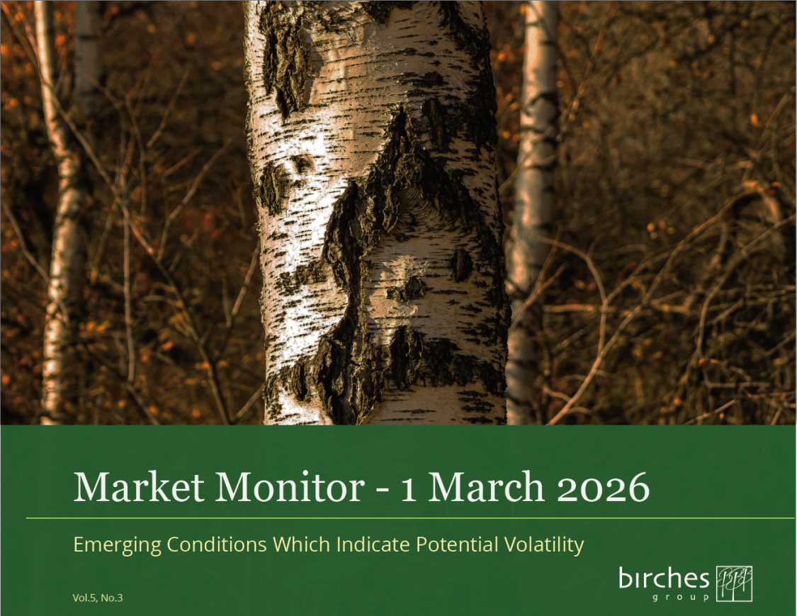 Close-up of a birch tree trunk in a forest with the text "Market Monitor - 1 March 2026" overlayed, referencing emerging market volatility conditions.