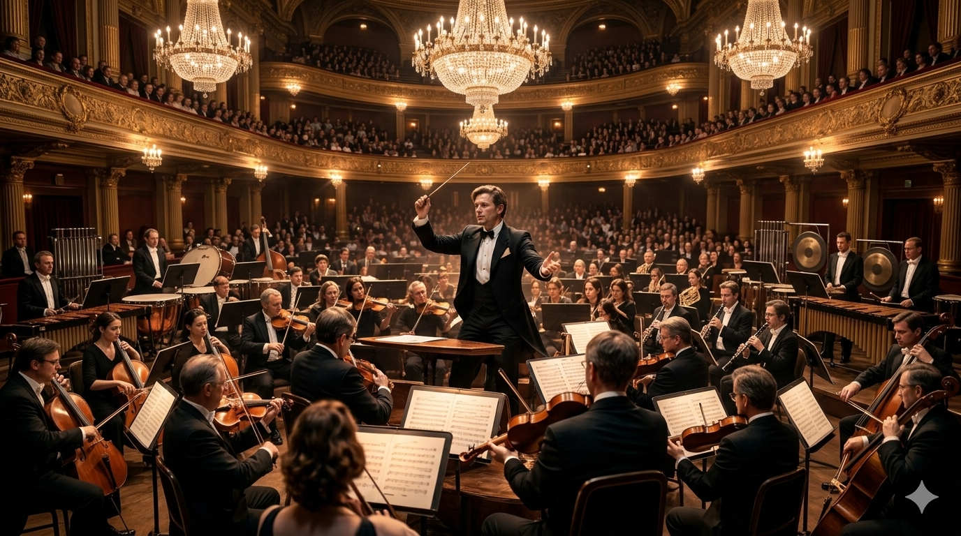 A conductor leads an orchestra performing on stage in a grand concert hall, with musicians and audience seated under ornate chandeliers.