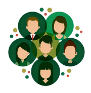 Illustration of six faceless people in green circular frames arranged in a cluster, with colored dots scattered around them.