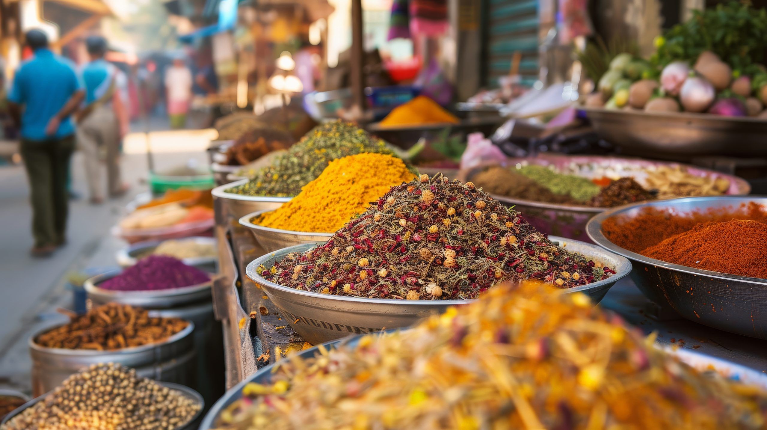 A market stall displays various mounds of colorful spices in metal bowls, with vegetables visible in the background and people walking through the market.