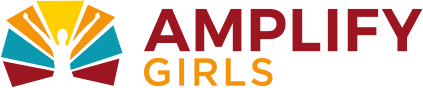 A stylized logo with a yellow sunburst above two teal and red open books, next to the words "AMPLIFY GIRLS" in red and orange text.