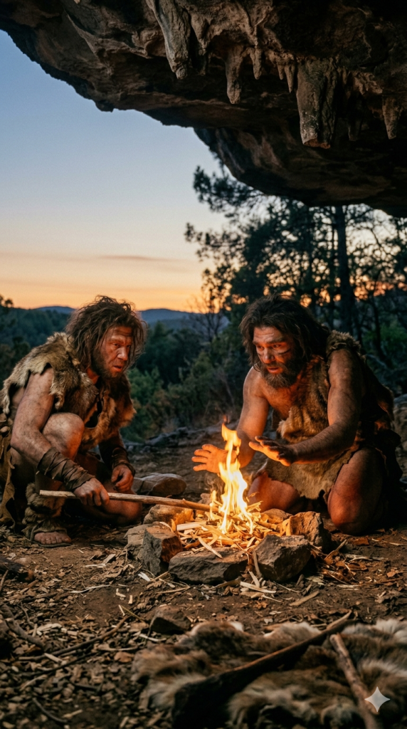 Two people dressed as prehistoric humans sit by a small campfire under a rocky overhang at dusk, surrounded by trees and wilderness.