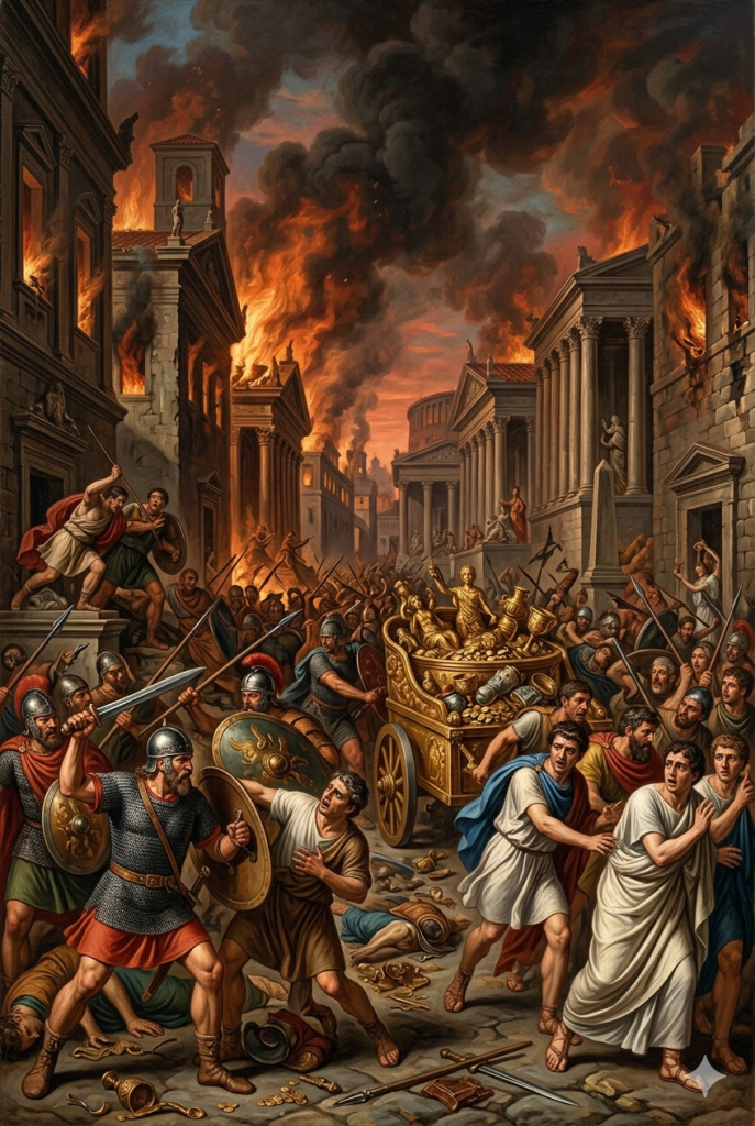 Roman soldiers and civilians clash in a chaotic city street filled with fire and smoke, as a golden chariot is wheeled through the destruction amid burning buildings.